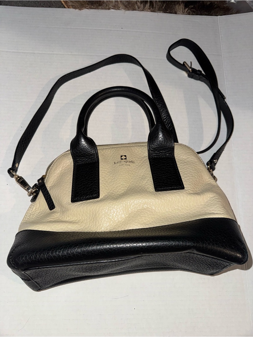 kate spade Black & Cream Leather Dome Satchel with Crossbody Strap